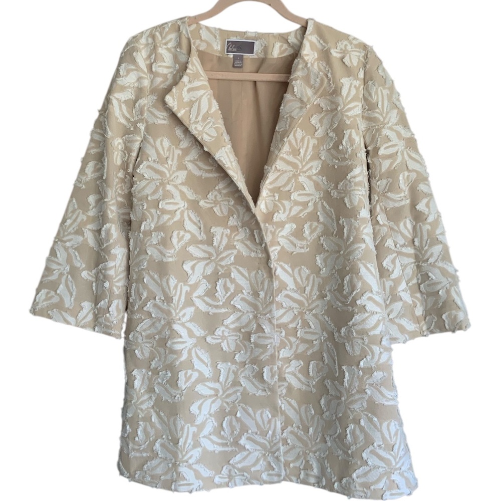 Nordstrom Chelsea28 Beige Flax Floral Textured Jacquard Long Blazer Jacke…